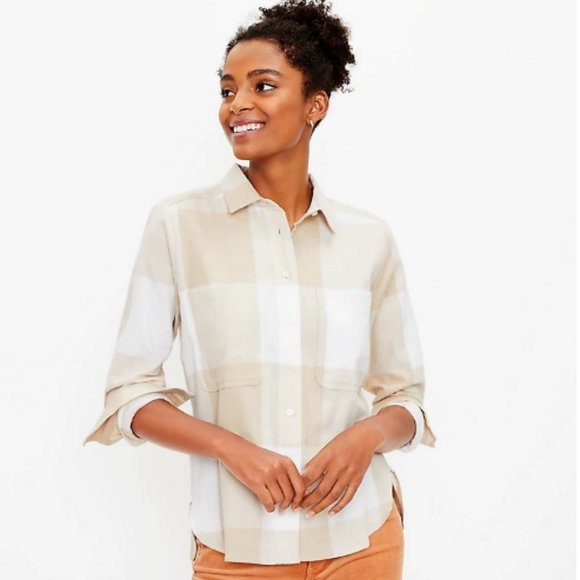 LOFT Tops - NWT Loft Beige & White 3/4 Sleeve Buffalo Plaid Shirt | Size LP